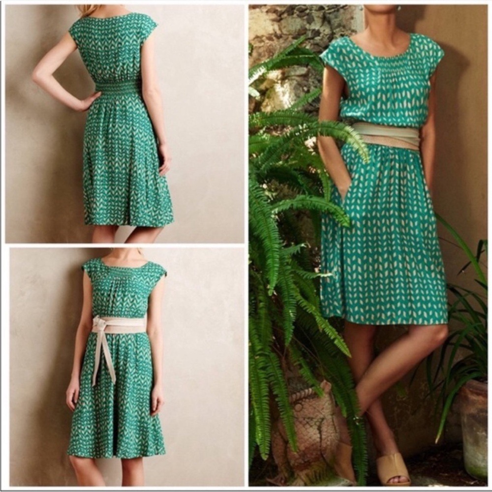 Anthropologie Maeve Evaline Green Smocked Dress Small